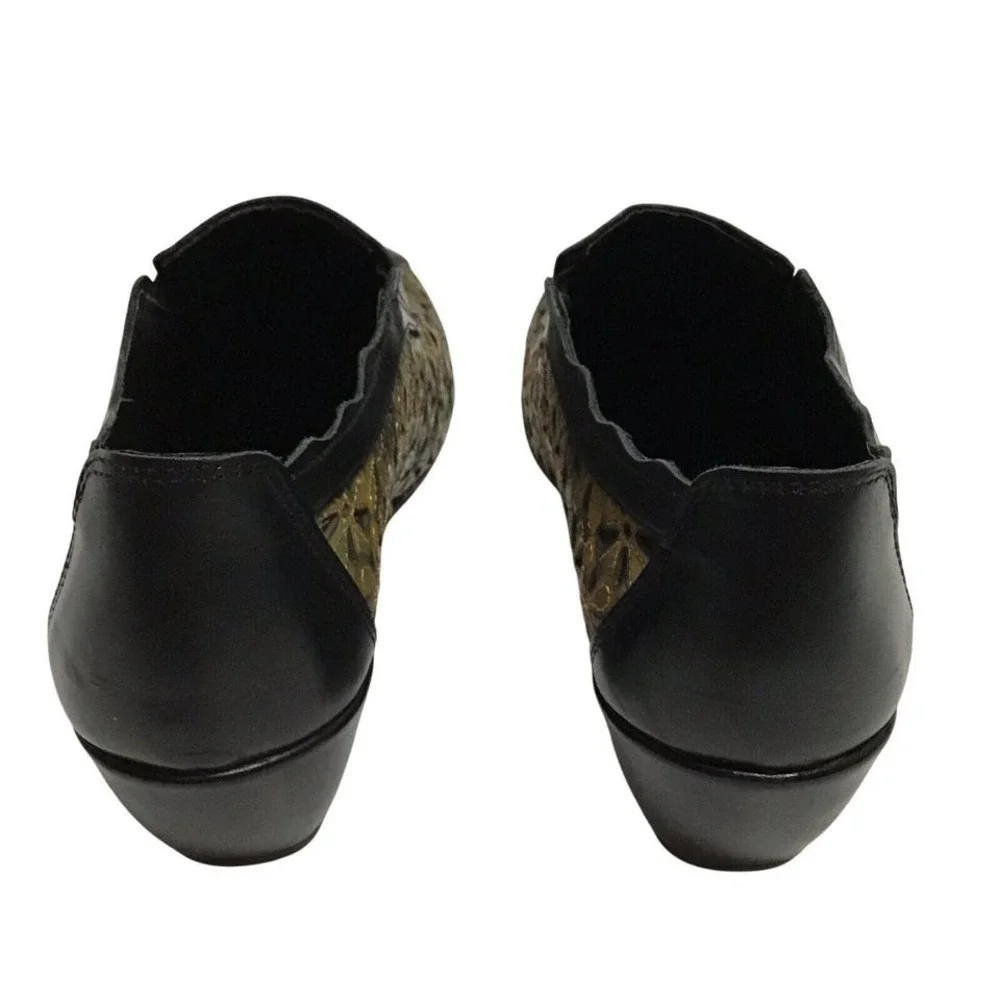 Pikolinos Womens 37 Black Olive Green Floral Leather Laser Cut Wedge Shoes
